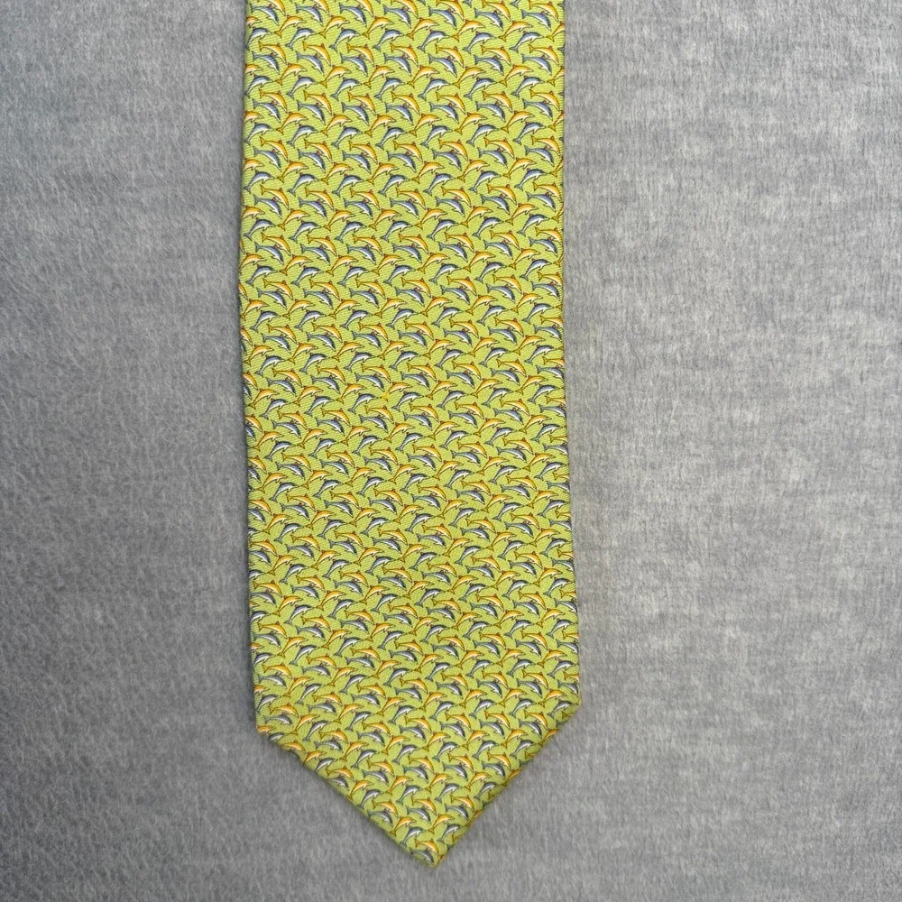 Brooks Brothers‎ Makers Tie Green Yellowish Dolphin Geometric Silk Beach Necktie
